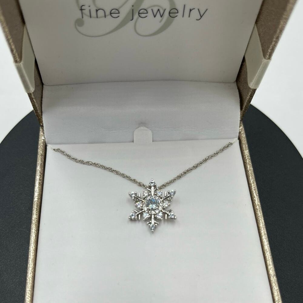 Brilliance Fine Jewelry Simulated Blue Topaz and CZ Snowflake Necklace New